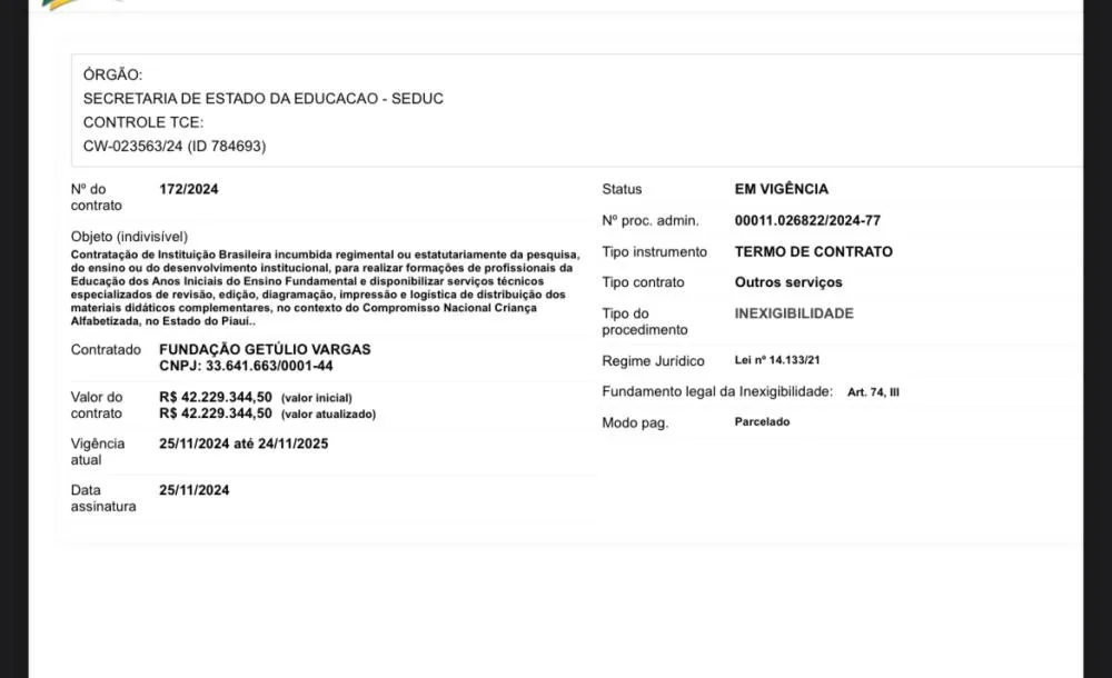 Contrato sem licita&ccedil;&atilde;o da SEDUC com a FGV